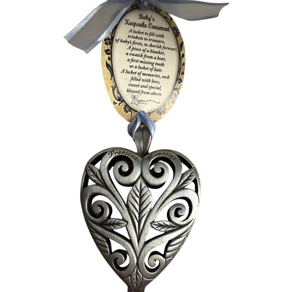 Heart Locket Keepsake Ornament With Blue Ribbon Silver Heart Keepsake Ornament - Picture 2 of 7